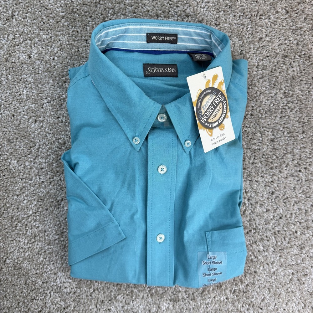 St. John's Bay Shirt Mens Large Blue Short Sleeve Button Up Worry Free Casual